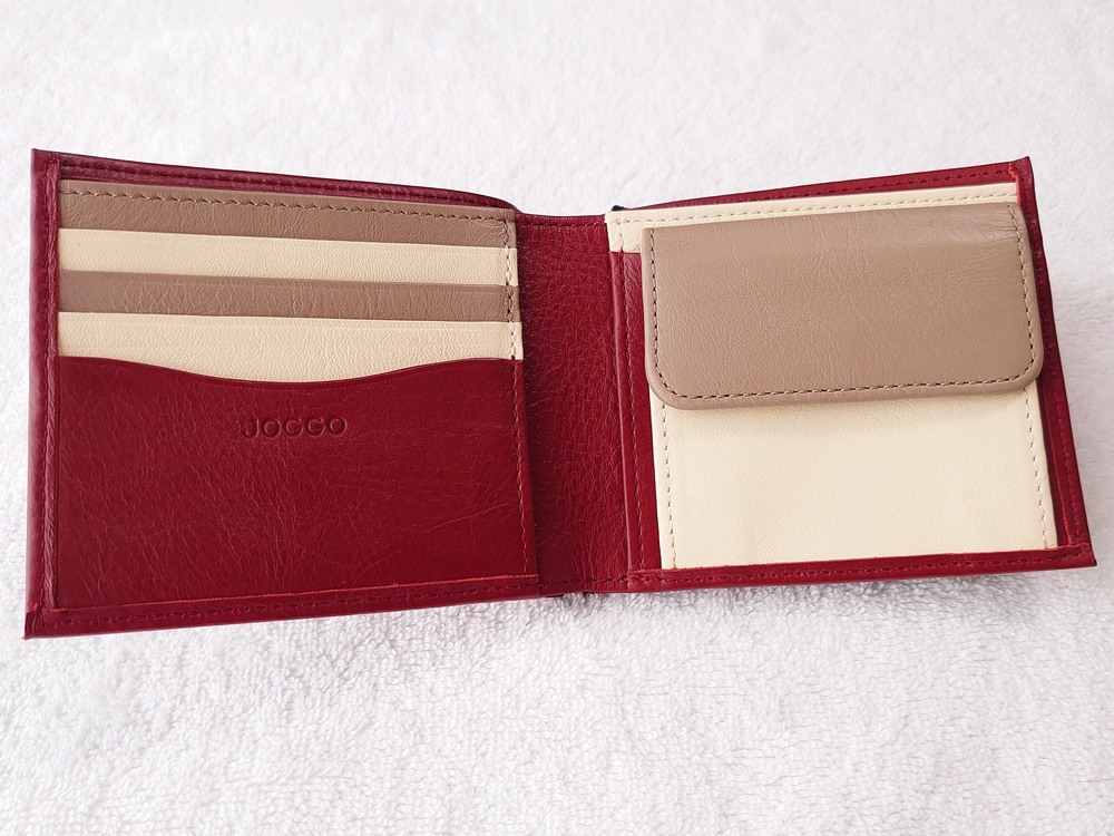 2つ折り財布（小銭入れ付き）ダークレッド レビュー JOGGO（ジョッゴ）財布を広げた状態 内側レザー