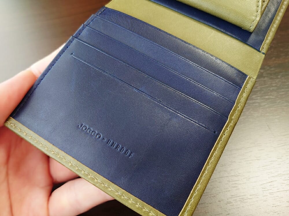 JOGGO（ジョッゴ）ENISHI 2つ折り財布 姫路レザー（グリーン、ブルー）カードポケット 左側