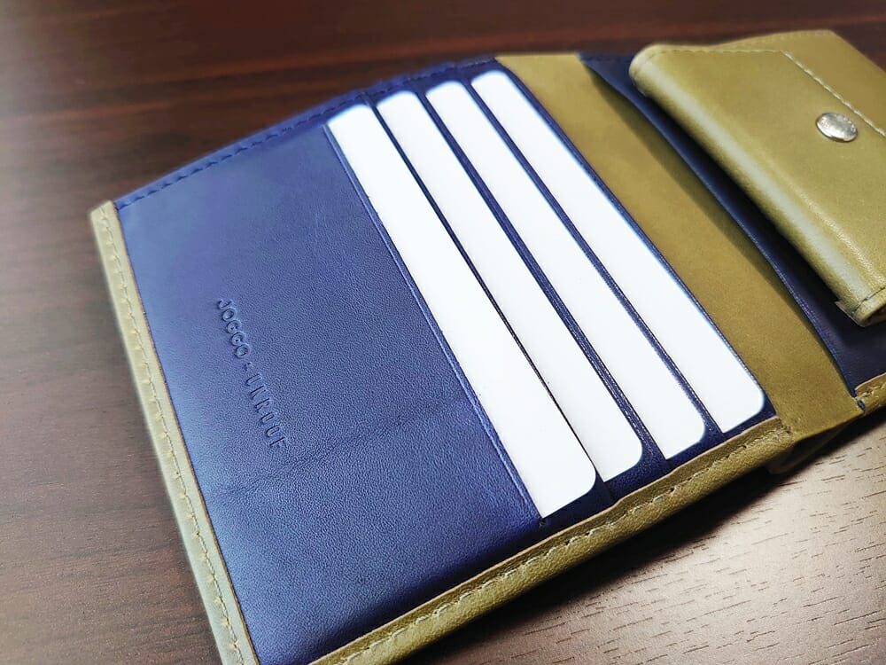 JOGGO（ジョッゴ）ENISHI 2つ折り財布 姫路レザー（グリーン、ブルー）カードポケット 手前にカード4枚収納