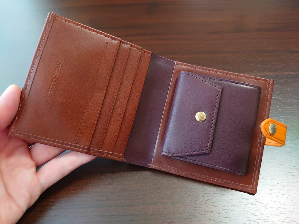 JOGGO（ジョッゴ）ENISHI 2つ折り財布 姫路レザー（ブラウン、オレンジ）見開き 内装全体