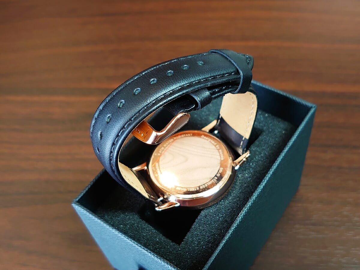 Hacoa ハコア WATCH 8800 エボニー 黒檀 +LUMBER プラスランバー 腕時計レビュー ピンクゴールドケース バックケース ブラックレザーベルト