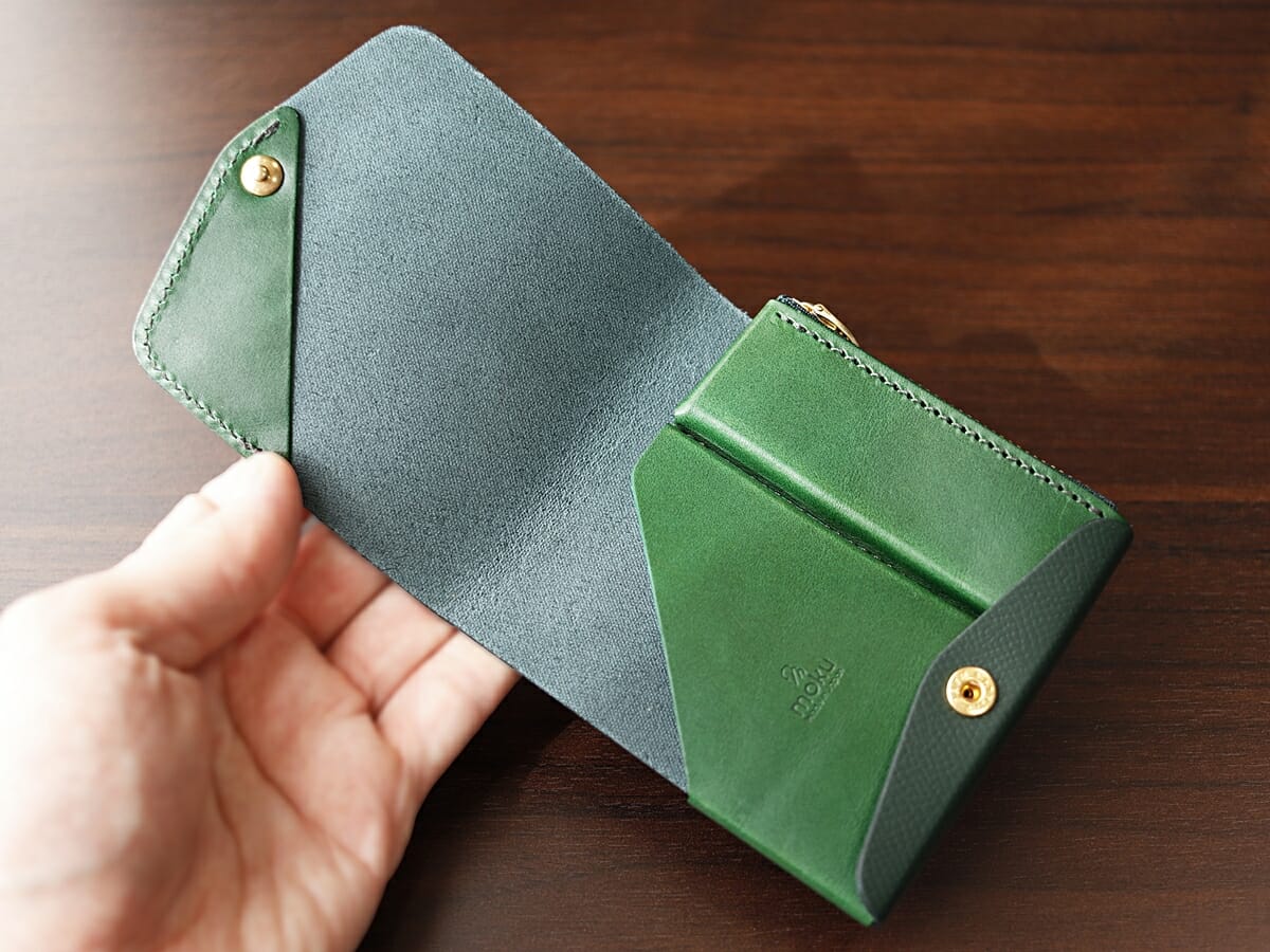 小さく薄い財布Saku ver.2 ノブレッサカーフ グリーン noblessacalf-green moku（モク）内装 収納部 ブッテーロ カード入れ 小銭入れ1