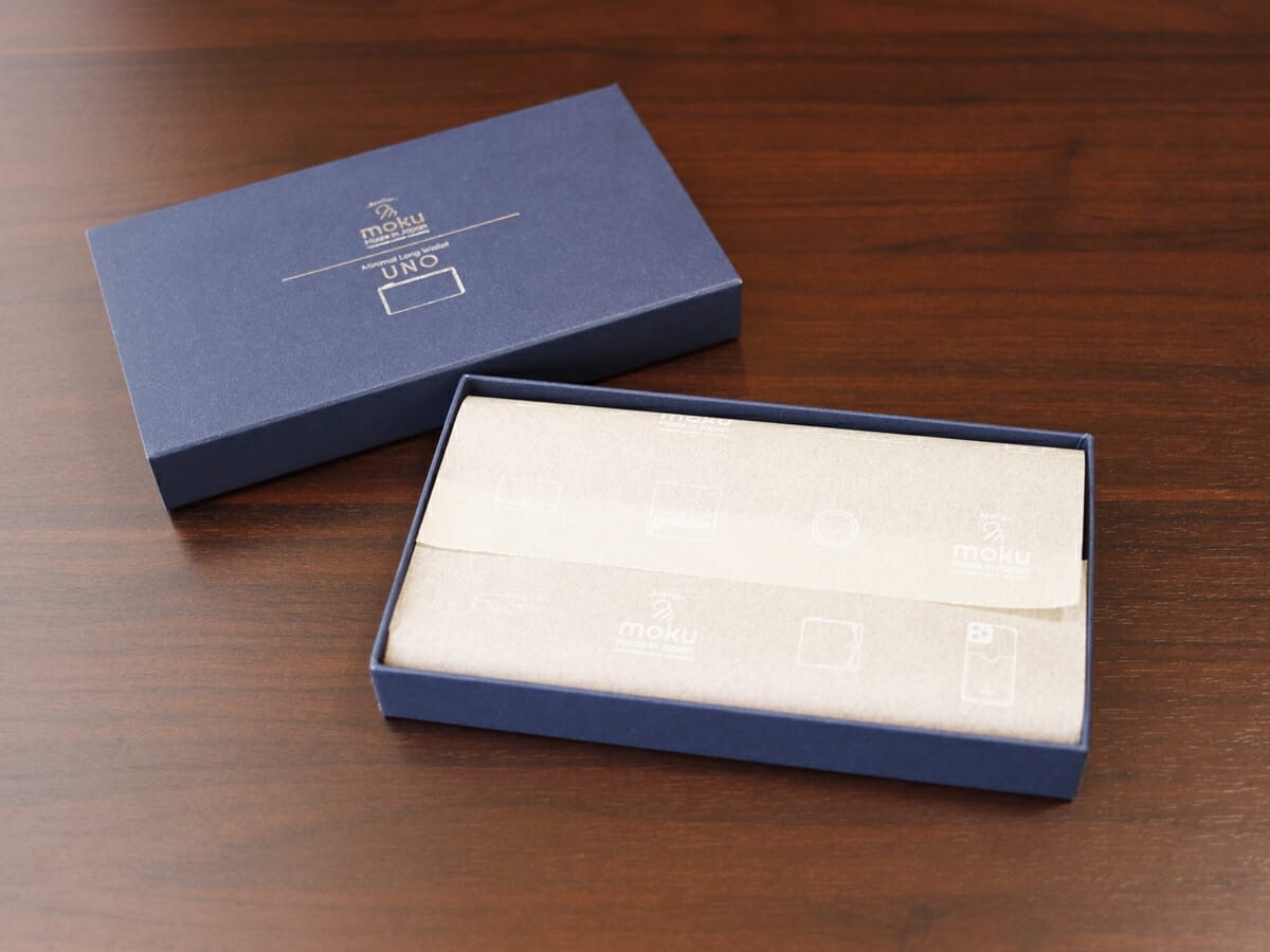 小さく薄い長財布Uno（ウーノ）moku モク もく プエブロレザー 財布レビュー パッケージング 化粧箱2